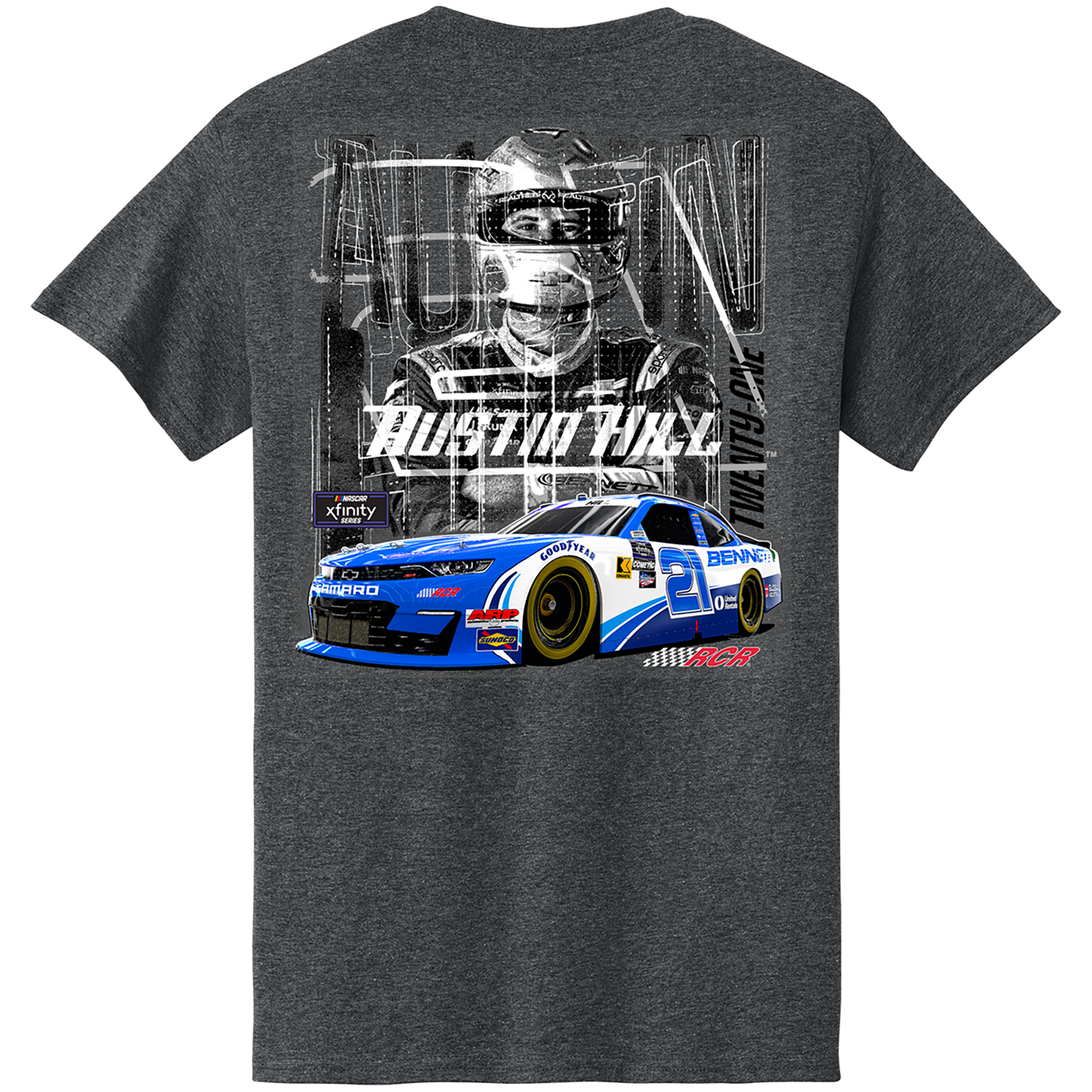 Austin Hill 2025 Bennett No. 21 Dark Heather 2-Spot Car Tee – RCR Austin Hill 2025 Bennett No. 21 Dark Heather 2-Spot Car Tee – RCR