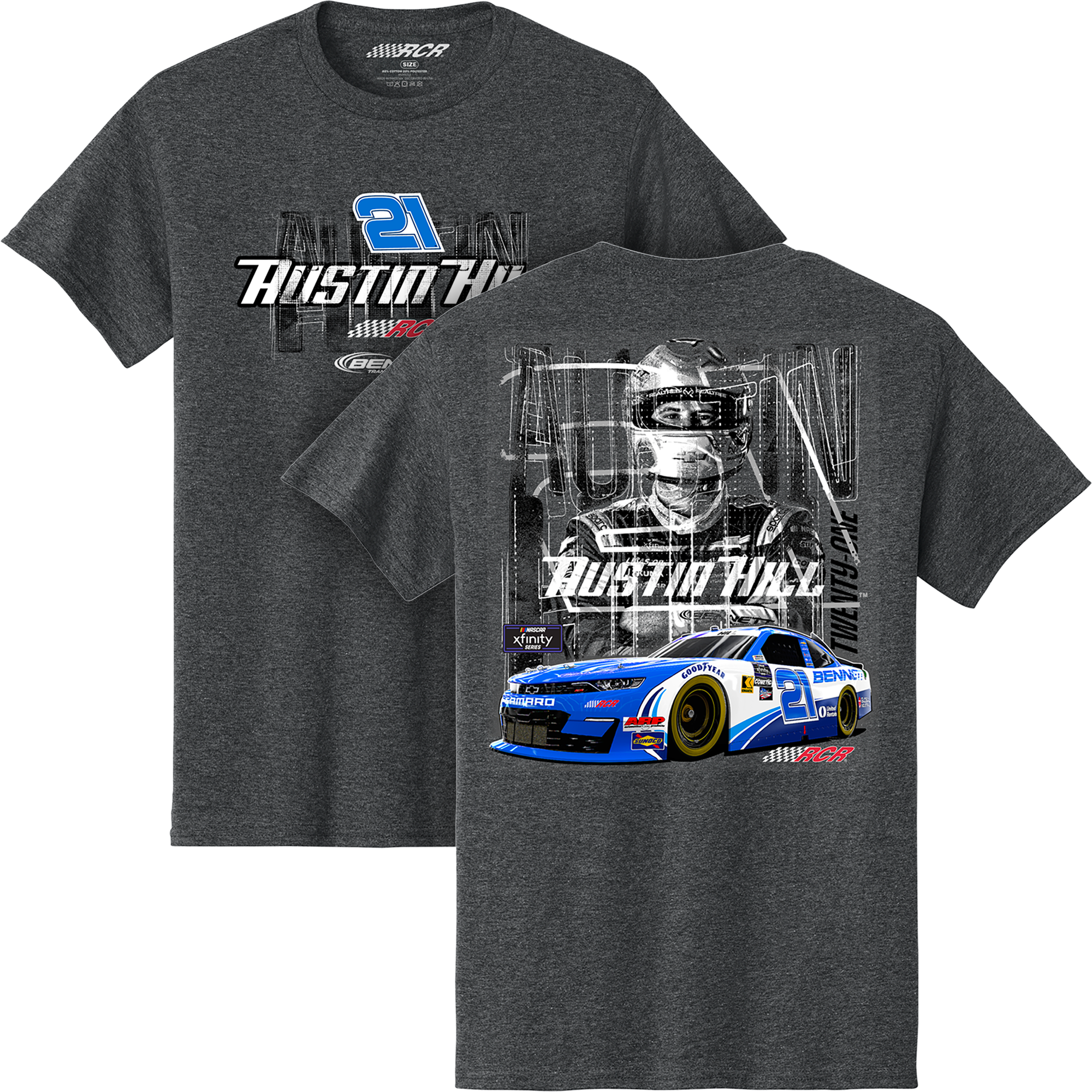 Austin Hill 2025 Bennett No. 21 Dark Heather 2-Spot Car Tee – RCR Austin Hill 2025 Bennett No. 21 Dark Heather 2-Spot Car Tee – RCR